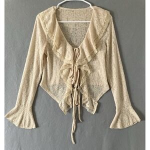Cream Sheer Lace Tie Front Ruffle Blouse Women's S Coquette Fairy Whimsigoth